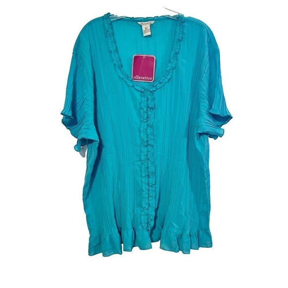 Silhouettes Womens Blouse Top 2X Aqua Blue Pleated Swirl Ruffle Short Sleeve - Picture 1 of 10